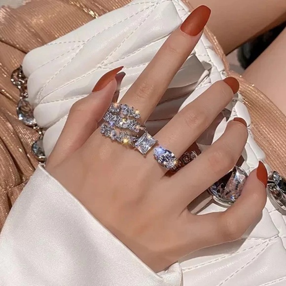 Sterling Silver Water Drop Zircon Stone Adjustable Ring Sparkly Luxury Floating - Picture 16 of 17